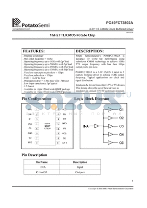 PO49FCT3802ATR datasheet - 3.3V 1:5 CMOS Clock Buffered Driver