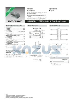 SM74139E datasheet - T1/CEPT/ISDN-PRI Dual Transformer