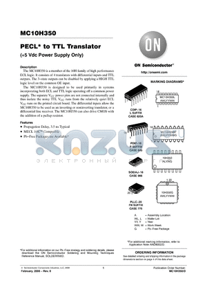 MC10H350M datasheet - PECL* to TTL Translator (5 Vdc Power Supply Only)