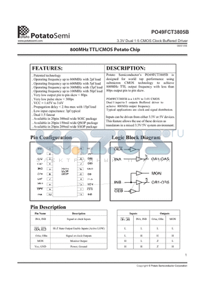 PO49FCT3805BCR datasheet - 3.3V Dual 1:5 CMOS Clock Buffered Driver