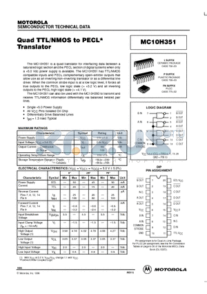 MC10H351 datasheet - Quad TTL/NMOS to PECL Translator