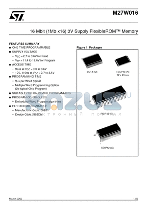 M27W016 datasheet - 16 Mbit 1Mb x16 3V Supply FlexibleROMTM Memory