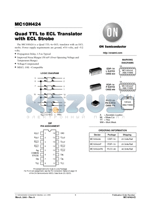 MC10H424 datasheet - Quad TTL to ECL Translator with ECL Strobe