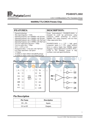 PO49HSTL3802 datasheet - 3.3V 1:5 Differential to TTL Translator Driver