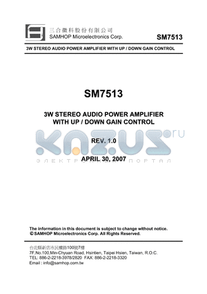 SM7513SL datasheet - 3W STEREO AUDIO POWER AMPLIFIER WITH UP / DOWN GAIN CONTROL