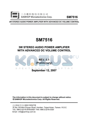 SM7516 datasheet - 3W STEREO AUDIO POWER AMPLIFIER WITH ADVANCED DC VOLUME CONTROL