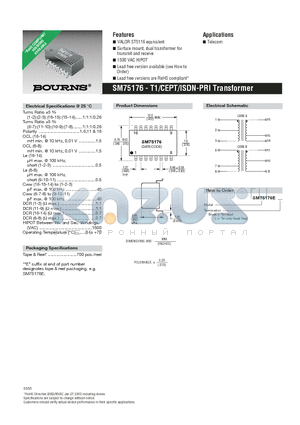 SM75176E datasheet - T1/CEPT/ISDN-PRI Transformer