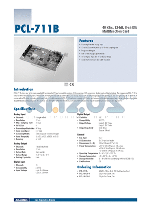 PCL-711B datasheet - 40 kS/s, 12-bit, 8-ch ISA Multifunction Card