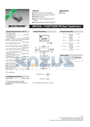 SM75225 datasheet - T1/CEPT/ISDN-PRI Dual Transformers