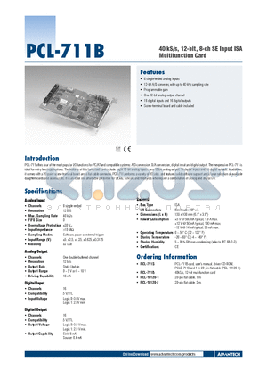 PCL-711B datasheet - 40 kS/s, 12-bit, 8-ch SE Input ISA Multifunction Card