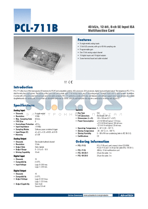 PCL-711S datasheet - 40 kS/s, 12-bit, 8-ch SE Input ISA Multifunction Card