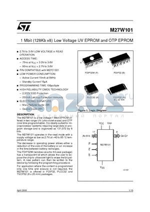 M27W101-100F6TR datasheet - 1 Mbit 128Kb x8 Low Voltage UV EPROM and OTP EPROM