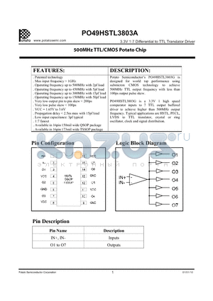 PO49HSTL3803A datasheet - Potato Semiconductors PO49HSTL3803G is designed for world top performance using submicron CMOS technology to achieve 500MHz TTL output frequency with less than 100ps output pulse skew.