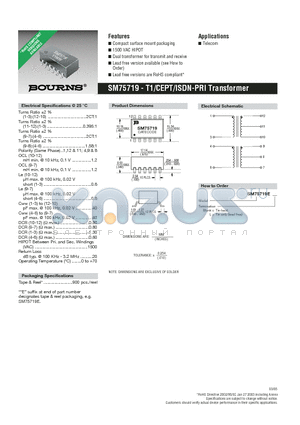SM75719EL datasheet - T1/CEPT/ISDN-PRI Transformer