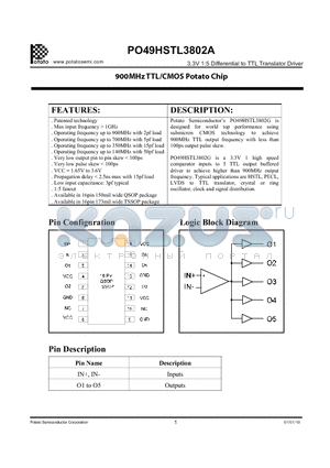 PO49HSTL3802ATR datasheet - Potato Semiconductors PO49HSTL3802G is designed for world top performance using submicron CMOS technology to achieve 900MHz TTL output frequency with less than 100ps output pulse skew.