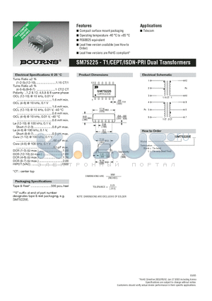 SM75225E datasheet - T1/CEPT/ISDN-PRI Dual Transformers