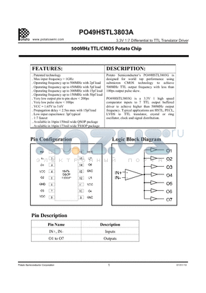 PO49HSTL3803ATR datasheet - Potato Semiconductors PO49HSTL3803G is designed for world top performance using submicron CMOS technology to achieve 500MHz TTL output frequency with less than 100ps output pulse skew.