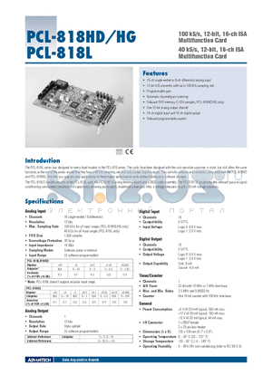 PCL-818HD datasheet - 100 kS/s, 12-bit, 16-ch ISA Multifunction Card