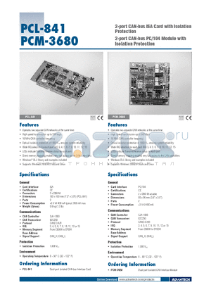 PCL-841 datasheet - 2-port CAN-bus ISA Card with Isolation Protection