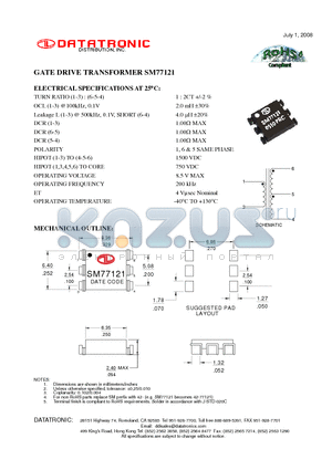 SM77121 datasheet - GATE DRIVE TRANSFORMER