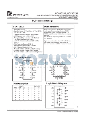 PO54G74A datasheet - DUAL POSITIVE-EDGE-TRIGGERED D-TYPE FLIP-FLOPS WITH CLEAR AND PRESET