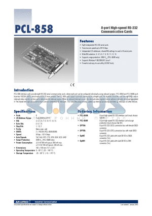 PCL-858A datasheet - 8-port High-speed RS-232 Communication Cards