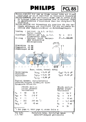 PCL85 datasheet - TRIODE-PENTODE FOR USE AS FRAME OUTPUT TUBE AND FRAME OSCILLATOR