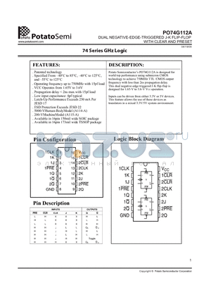 PO74G112A datasheet - DUAL NEGATIVE-EDGE-TRIGGERED J-K FLIP-FLOP WITH CLEAR AND PRESET