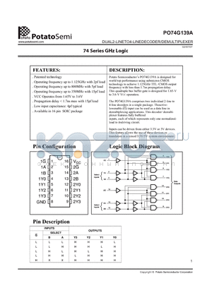 PO74G139ASR datasheet - DUAL2-LINETO4-LINEDECODER/DEMULTIPLEXER