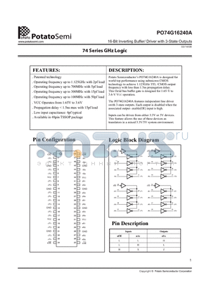 PO74G16240ASR datasheet - 16-Bit Inverting Buffer/ Driver with 3-State Outputs