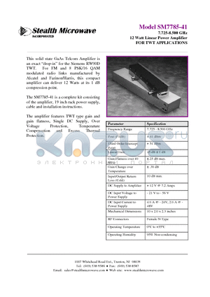 SM7785-41 datasheet - 7.725-8.500 GHz 12 Watt Linear Power Amplifier
