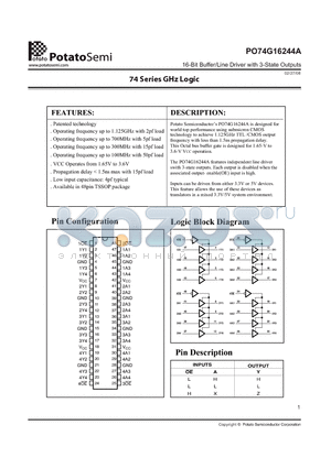 PO74G16244ASR datasheet - 16-Bit Buffer/Line Driver with 3-State Outputs