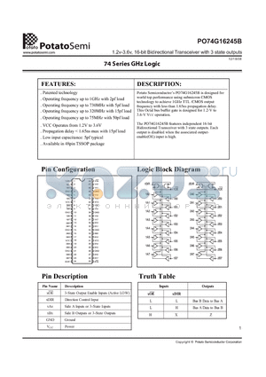 PO74G16245ASR datasheet - 1.2v-3.6v, 16-bit Bidirectional Transceiver with 3 state outputs