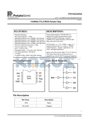 PO74G2305ASU datasheet - 3.3V 1:5 CMOS Clock Buffered Driver