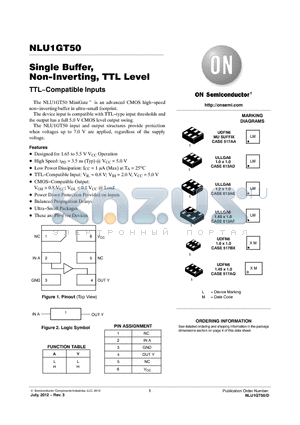 NLU1GT50AMX1TCG datasheet - Single Buffer, Non-Inverting, TTL Level