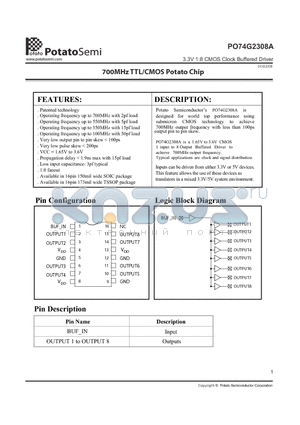 PO74G2308ATR datasheet - 3.3V 1:8 CMOS Clock Buffered Driver