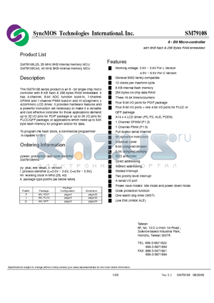 SM79108C40 datasheet - 8 - Bit Micro-controller with 8KB flash & 256 Bytes RAM embedded