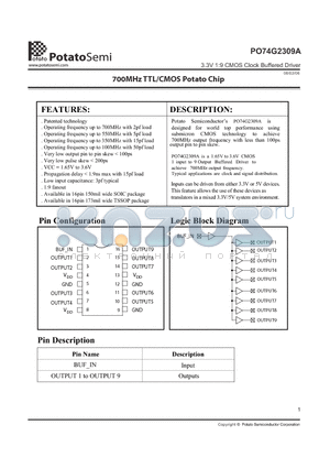 PO74G2309A datasheet - 3.3V 1:9 CMOS Clock Buffered Driver