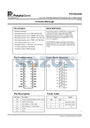 PO74G245B datasheet - 1.2v-3.6v, 8-bit Bidirectional Transceiver with 3 state outputs