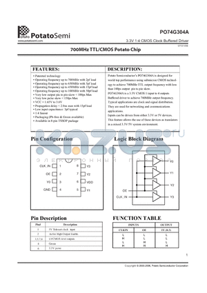 PO74G304A datasheet - 3.3V 1:4 CMOS Clock Buffered Driver