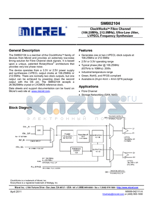 SM802104 datasheet - ClockWork Fibre Channel (106.25MHz, 212.5MHz), Ultra-Low Jitter, LVPECL Frequency Synthesizer