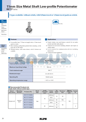 RK1171110-F15-41-B103 datasheet - 11mm Size Metal Shaft Low-profile Potentiometer