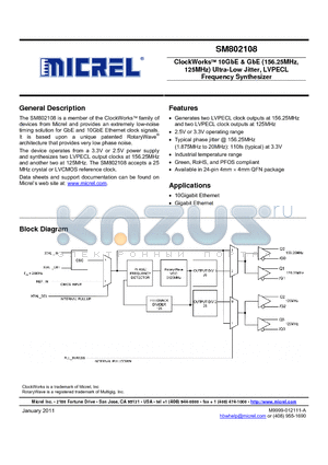 SM802108 datasheet - ClockWorks 10GbE & GbE (156.25MHz, 125MHz) Ultra-Low Jitter, LVPECL Frequency Synthesizer