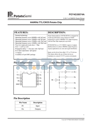 PO74G38074A datasheet - 3.3V 1:4 CMOS Clock Driver