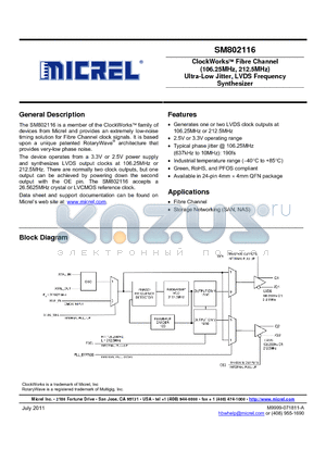 SM802116UMGR datasheet - ClockWorks Fibre Channel (106.25MHz, 212.5MHz) Ultra-Low Jitter, LVDS Frequency