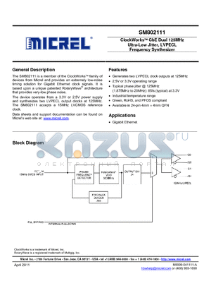 SM802111UMGR datasheet - ClockWork GbE Dual 125MHz Ultra-Low Jitter, LVPECL Frequency Synthesizer