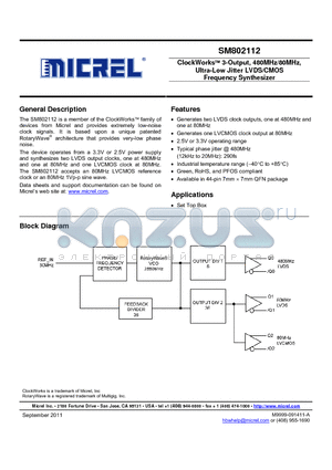 SM802112 datasheet - ClockWorks 3-Output, 480MHz/80MHz, Ultra-Low Jitter LVDS/CMOS Frequency Synthesizer