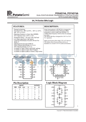 PO74G74ASU datasheet - DUAL POSITIVE-EDGE-TRIGGERED D-TYPE FLIP-FLOPS WITH CLEAR AND PRESET