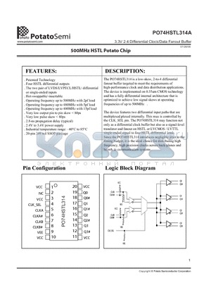 PO74HSTL314 datasheet - 3.3V 2:4 Differential Clock/Data Fanout Buffer