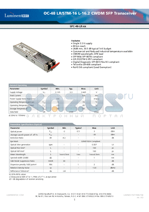 SPC-48-LR-33RNA datasheet - OC-48 LR/STM-16 L-16.2 CWDM SFP Transceiver